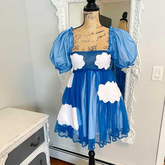 SALE New York Couture One of a Kind Blue CLOUDS Puff Sleeve Dress - Picture 1 of 5